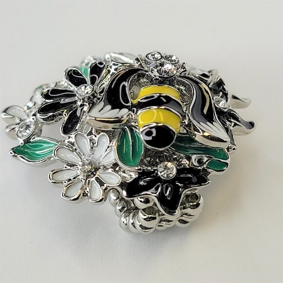 PETALS and Bee Stretch Ring Enamel Multi Dimensional White Black Stretch Band - Picture 6 of 11